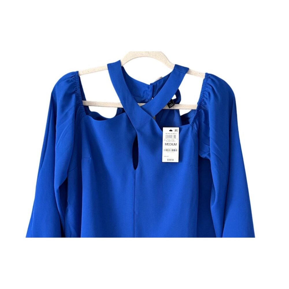 INC Halter Neckline Cold Shoulder Long Sleeve Keyhole Chest Blue Womens Top NWT - Picture 2 of 6